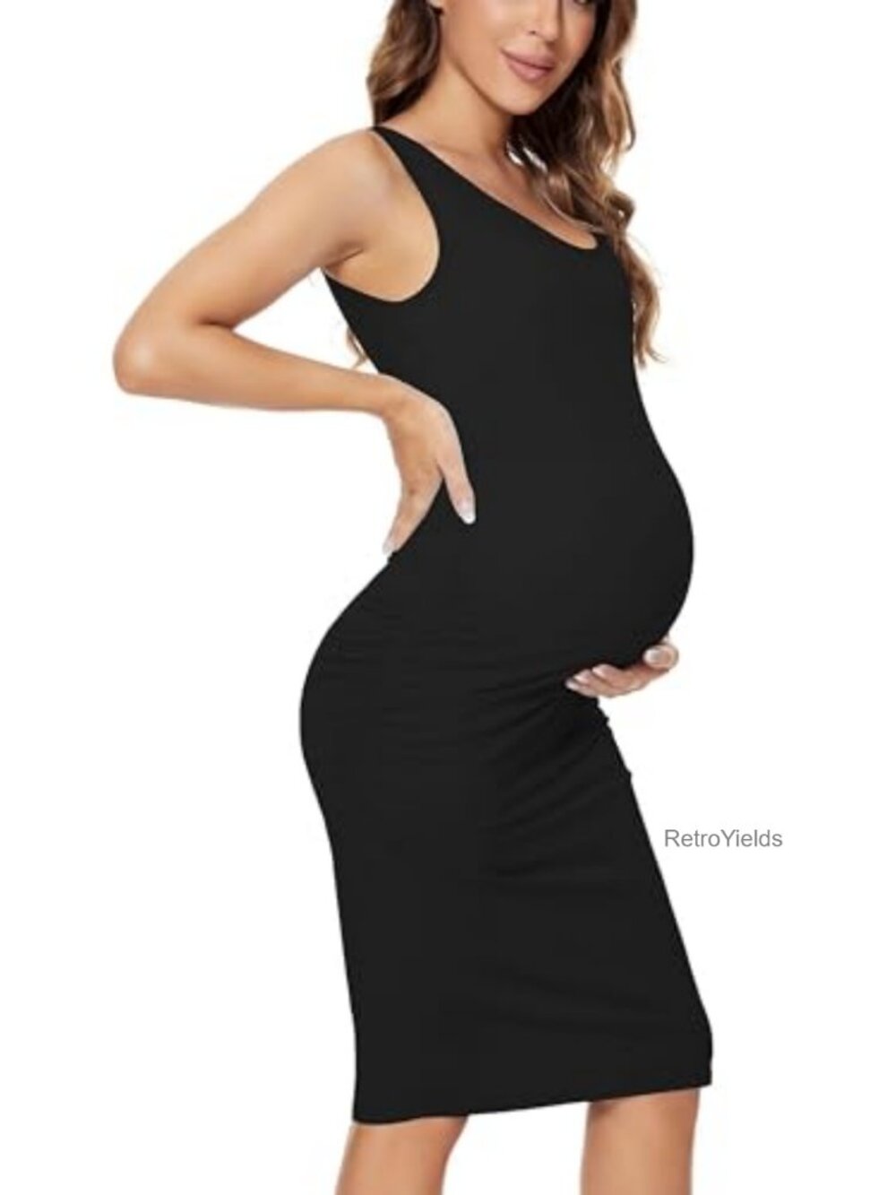 Maternity Sleeveless Tank Dress Side Ruched Bodycon Knee-Length - Picture 4 of 7